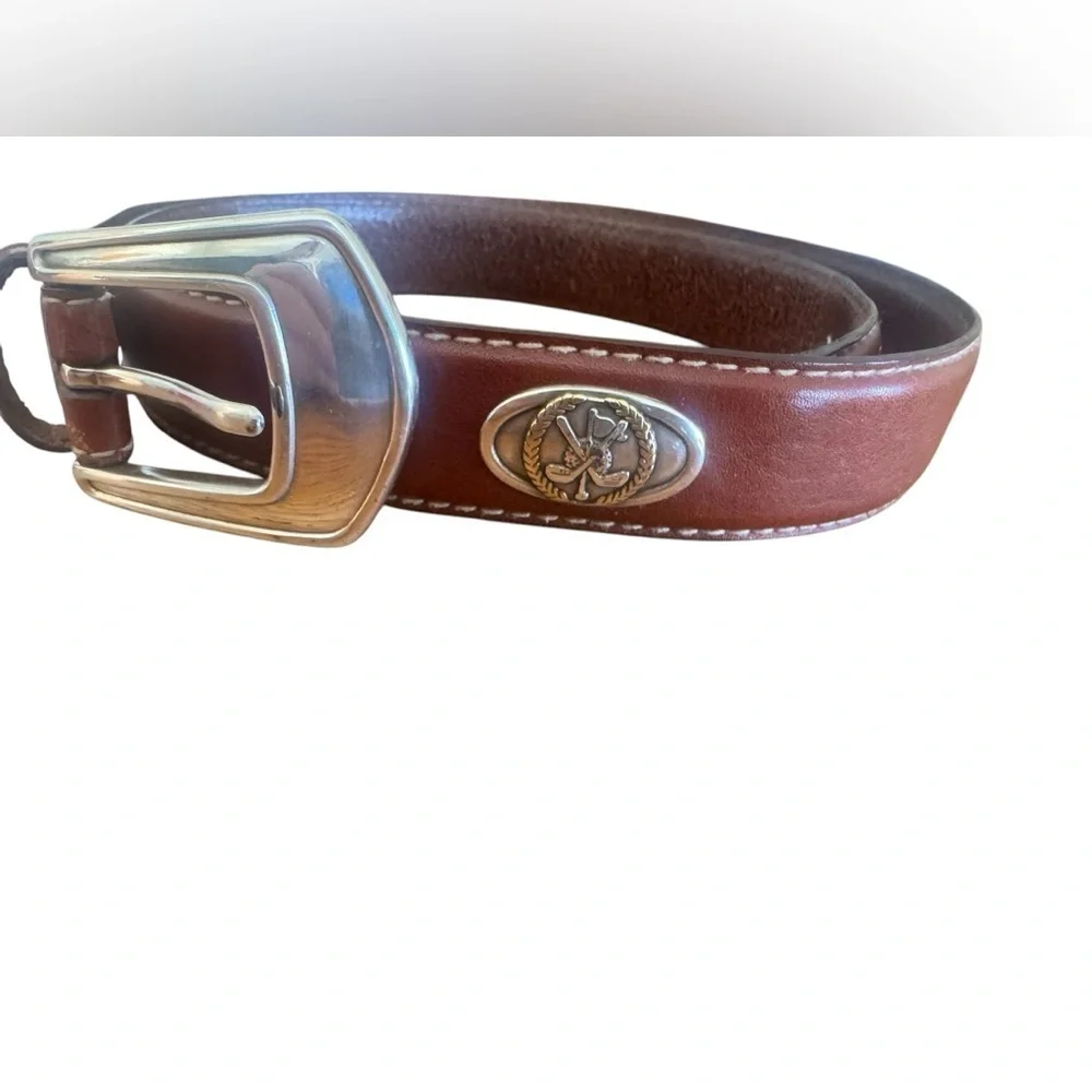 Fossil Italian Full Grain Cowhide Leather Golf Theme Medallion Belt Size 44